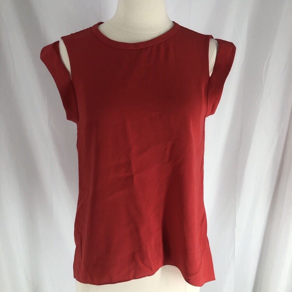 BCBGMAXAZRIA Shirt Top Blouse Womens XS Red Cold Shoulder Cap Sleeve Open Back